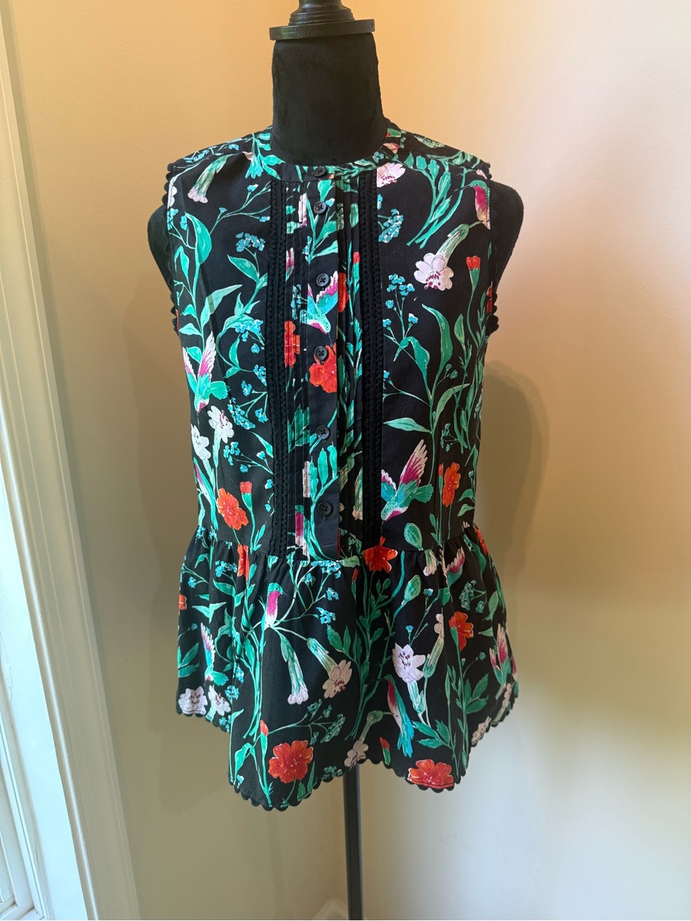 Kate Spade Floral Embroidered Black Peplum Sleeveless Top